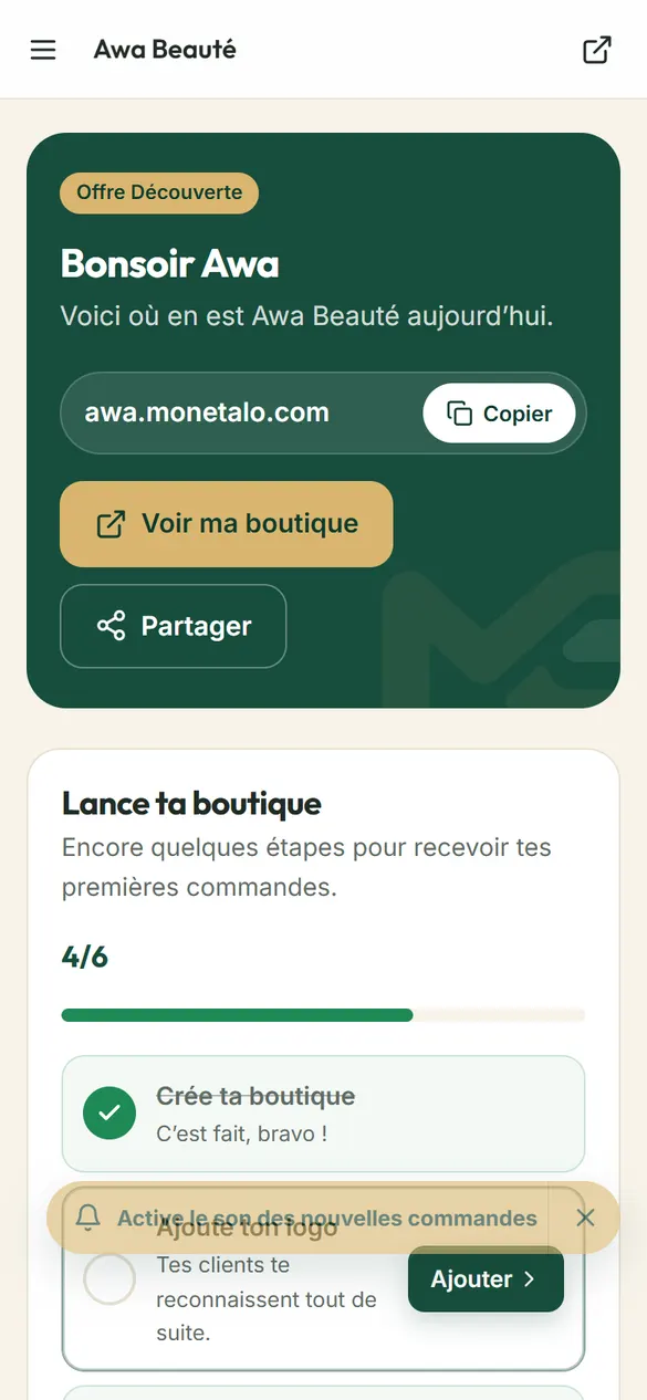 Tableau de bord MonEtalo sur téléphone